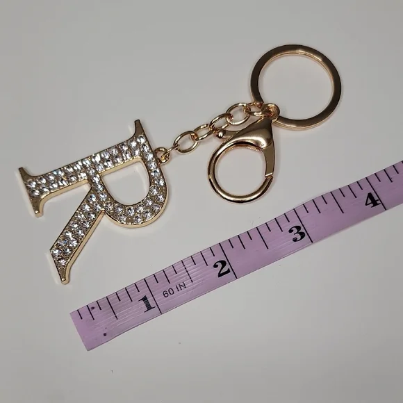 Letter R Initial R Alphabet R Rhinestone Gold Key Chain Bag Charm - Picture 3 of 7